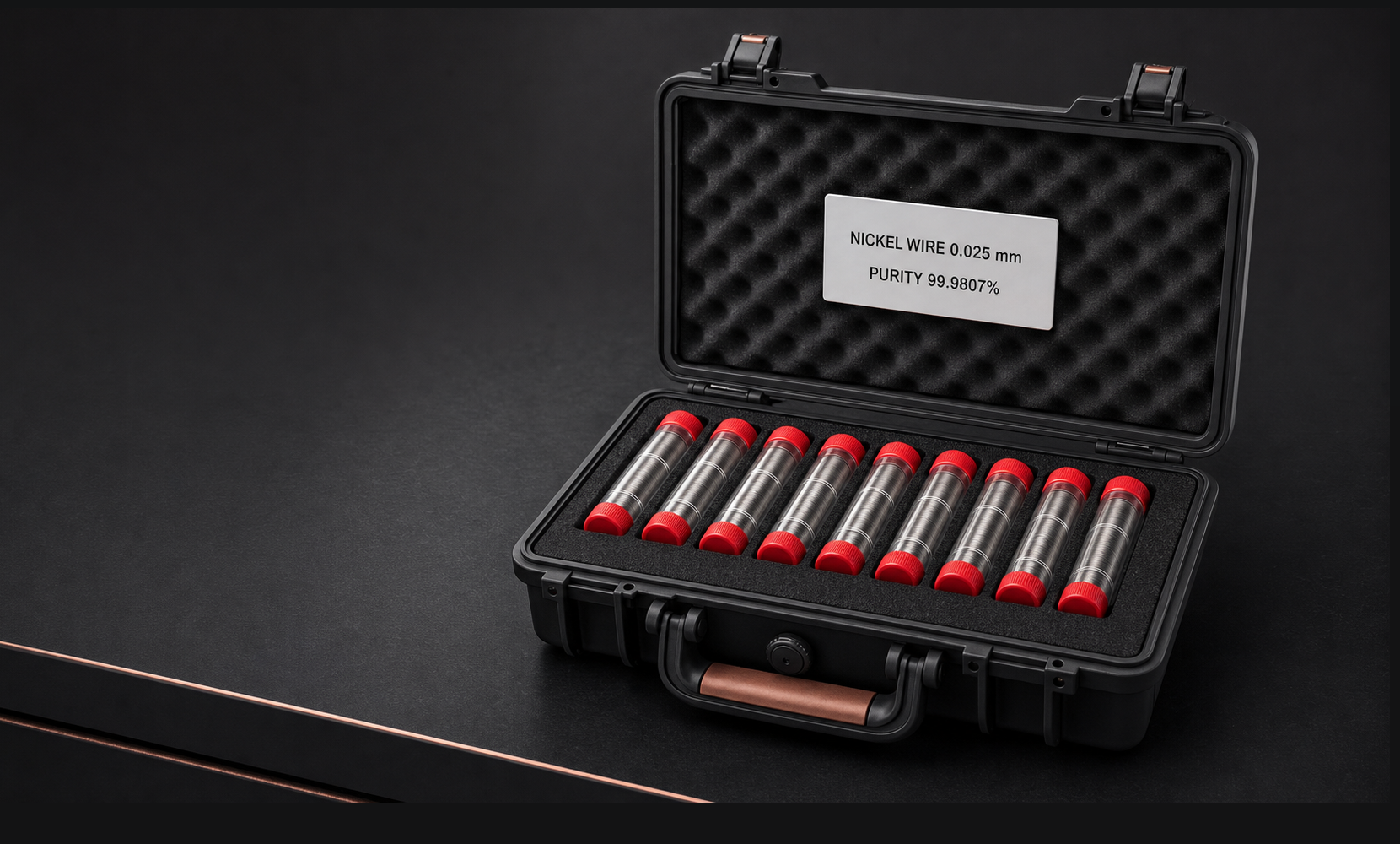 Ultrafine Nickel Wire 0.025mm — protective case and sample tubes